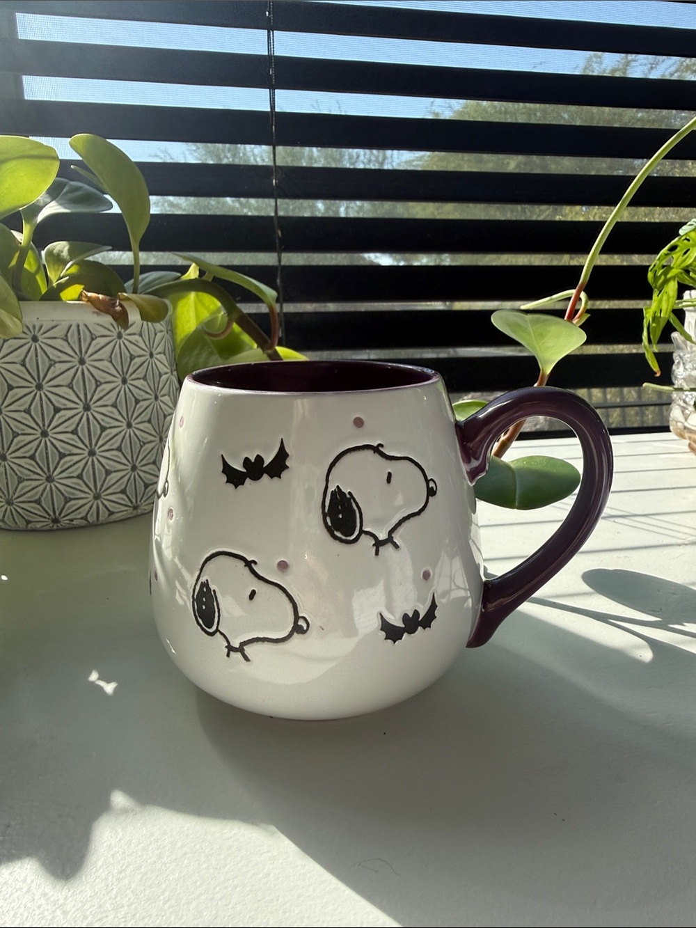 Peanuts Snoopy Bats Halloween White Mug with Purple Handle